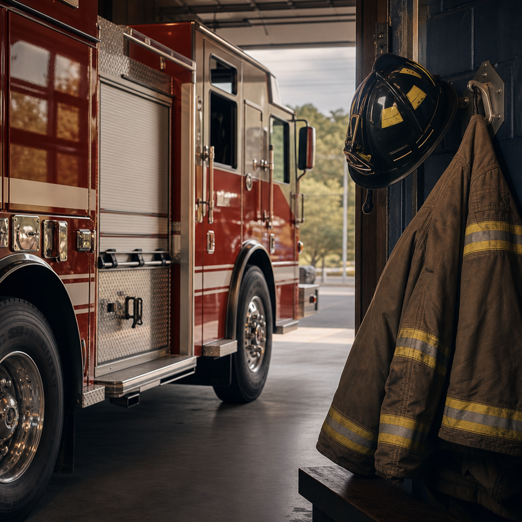 A volunteer fire engine in its station bay